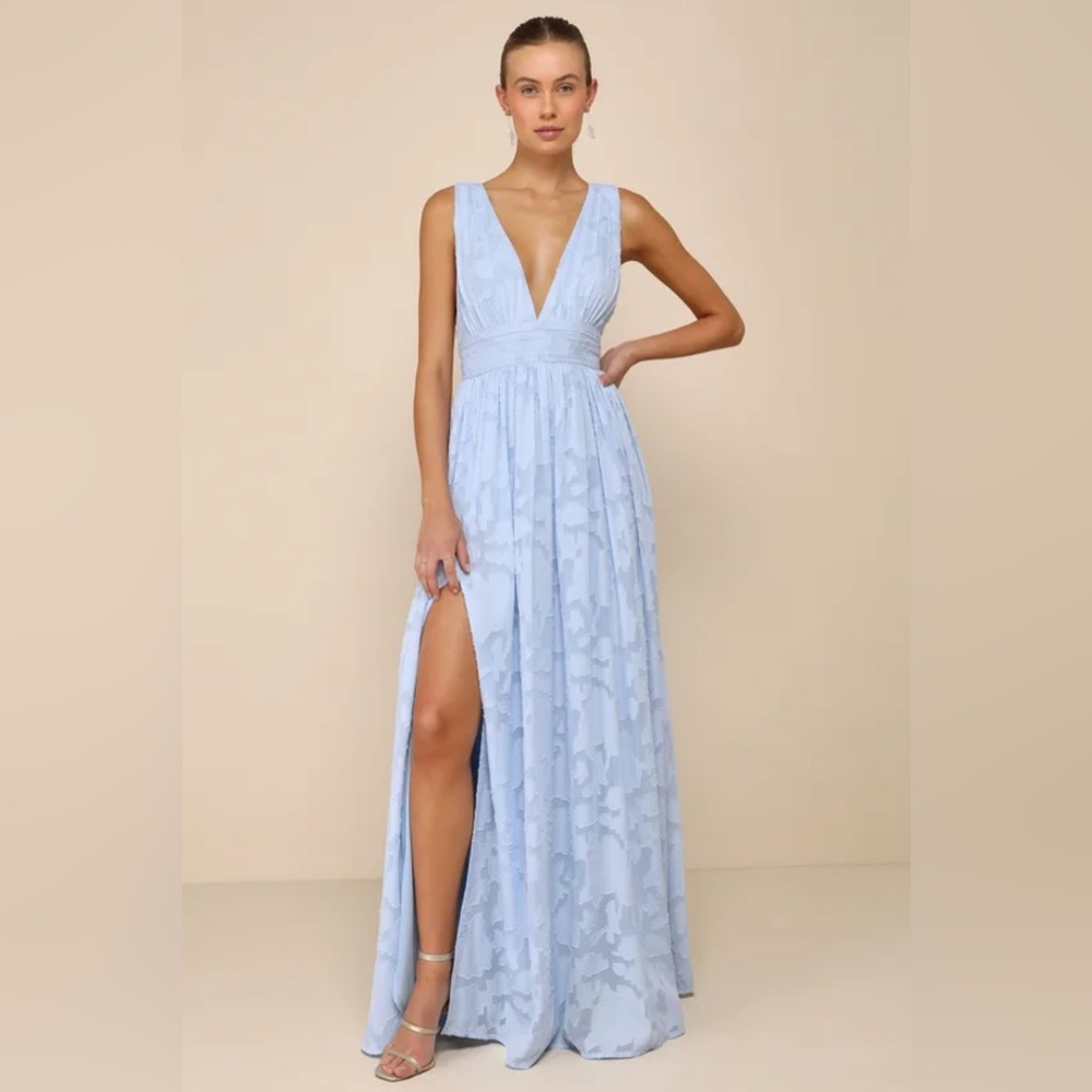 Lulus Sweet Sophistication Light Powder Blue V Neck Burnout Floral Maxi Dress L